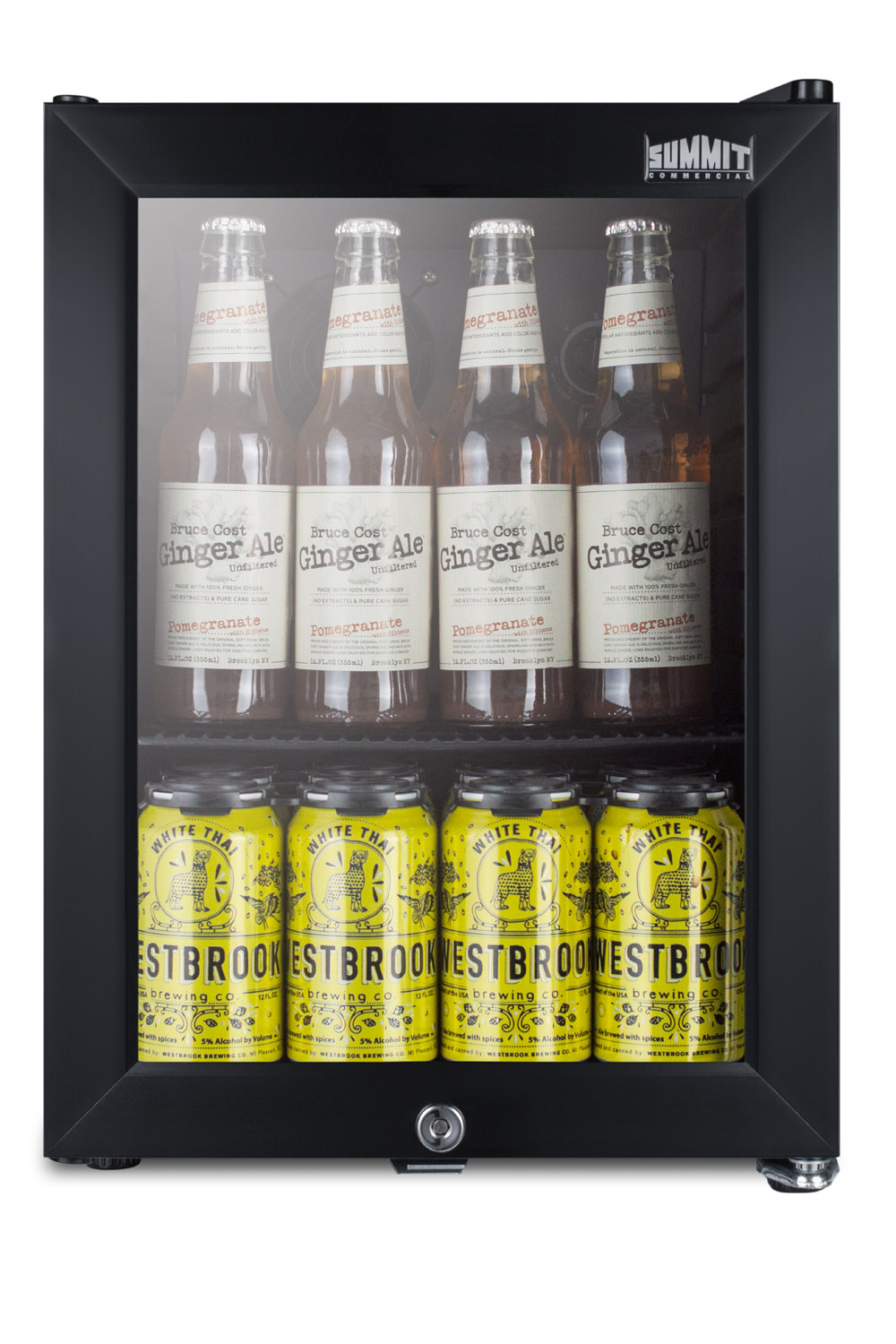Compact commercial beverage center designed for the display and refrigeration of beverages, with glass door, lock, and black cabinet